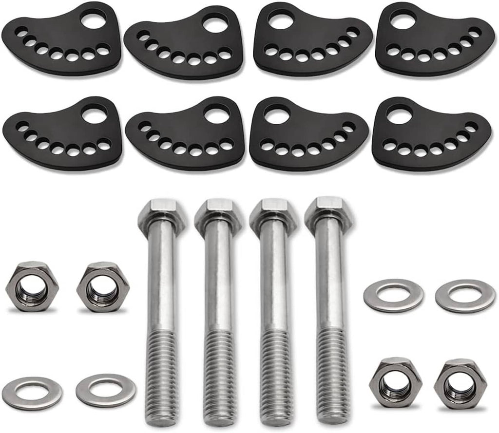 Black cam plates with multiple holes plus silver bolts, nuts, and washers