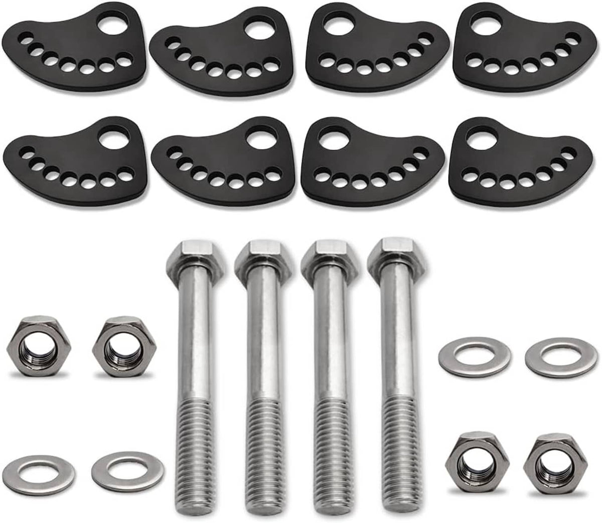 Black cam plates with multiple holes plus silver bolts, nuts, and washers