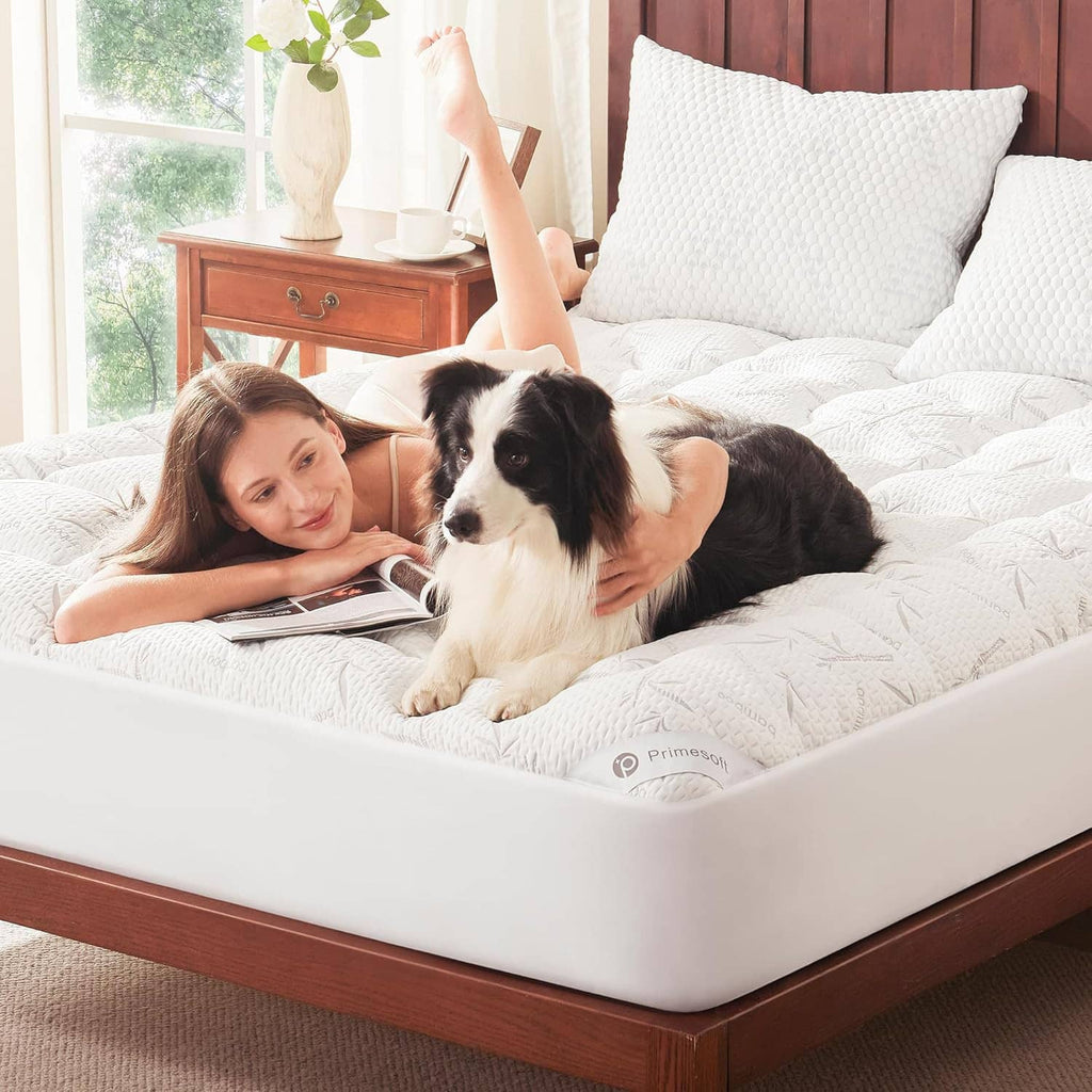 White king-size quilted pillow-top mattress topper on a bed with plush surface