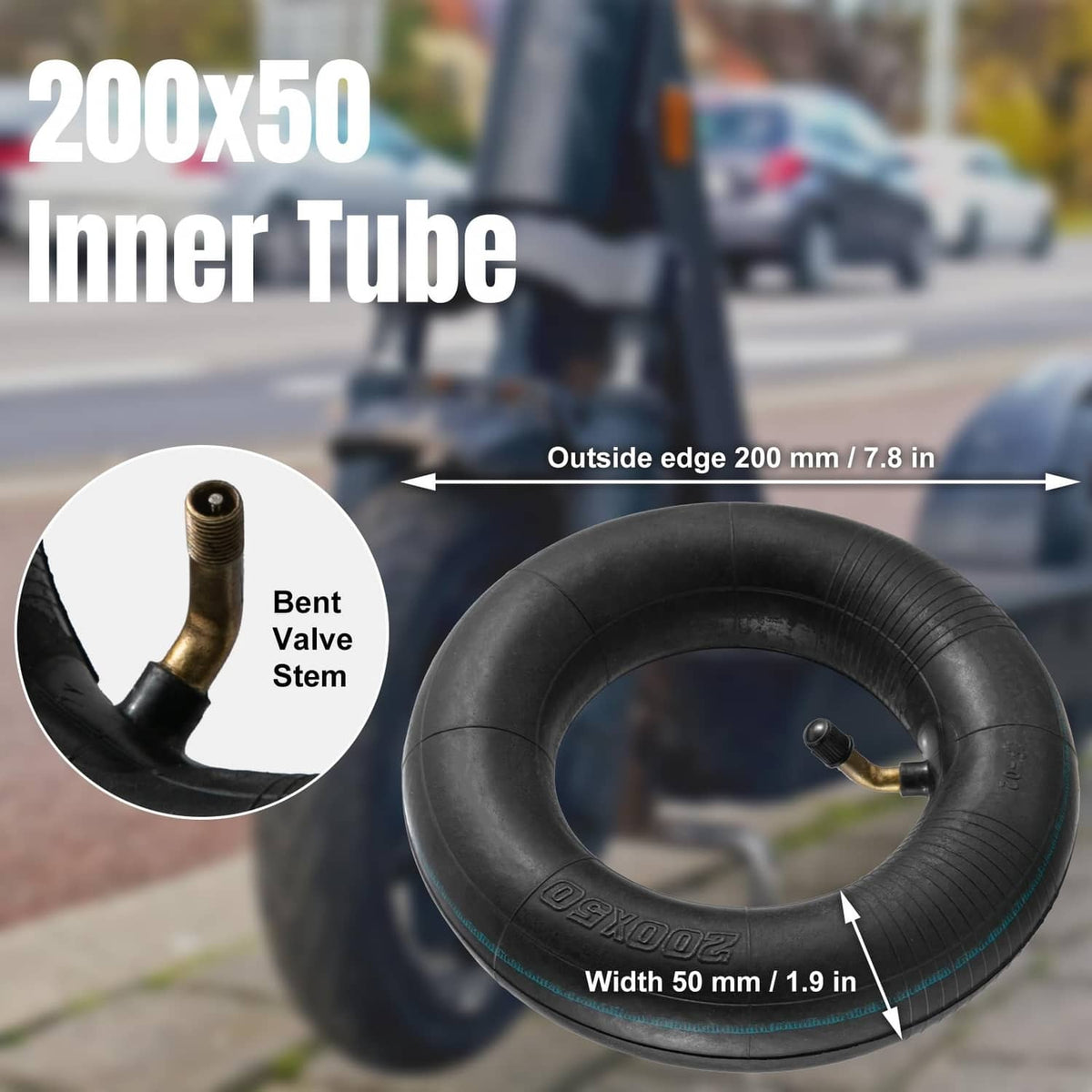 Black 200x50 inner tube with bent valve stem and 50 mm tire width