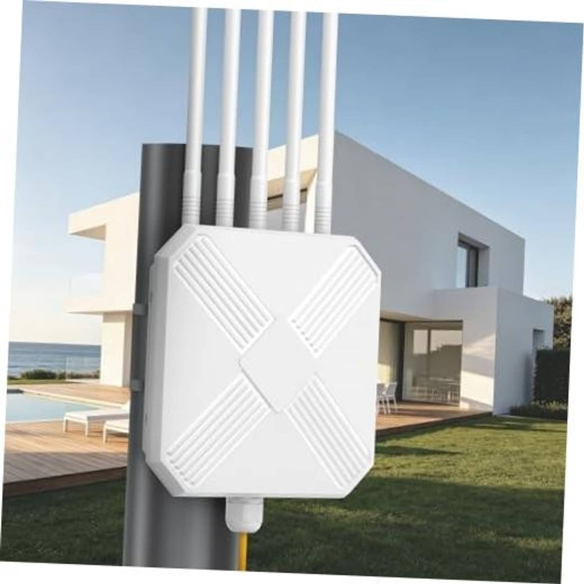 White outdoor Wi-Fi 6 extender access point on a post with four antennas