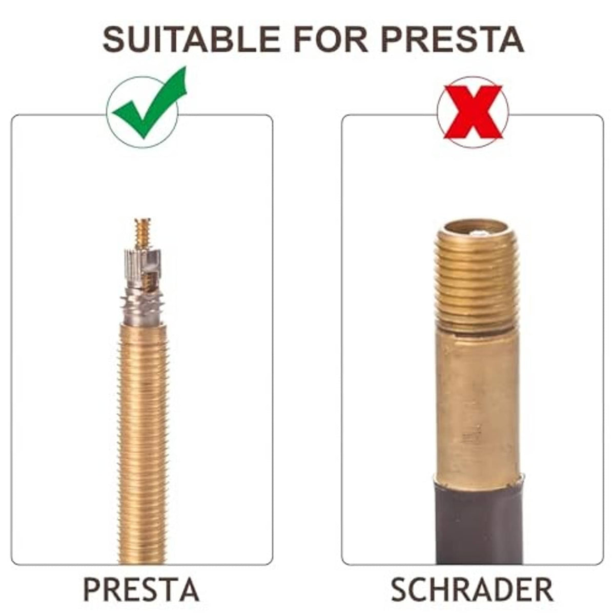 Presta valve cap vs Schrader, threaded ends shown for fit compatibility