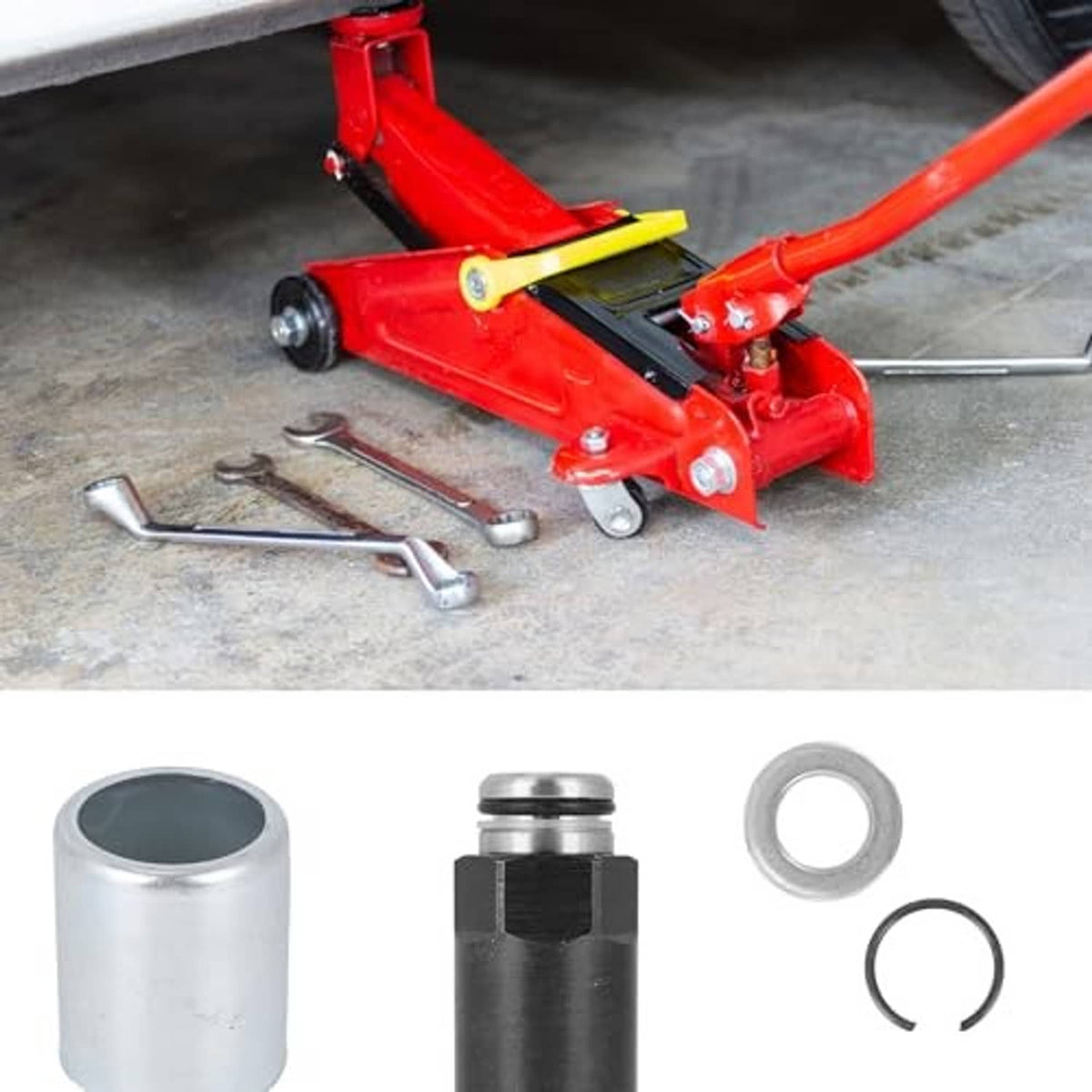 Floor jack piston plunger replacement parts with silver cylinder, spring, and two retaining rings