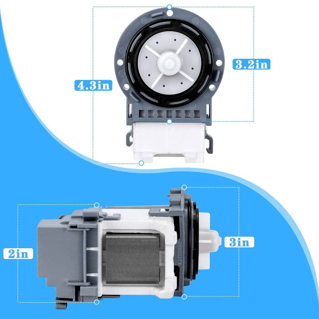 Washer drain pump front view with 3D cross-section and size markers
