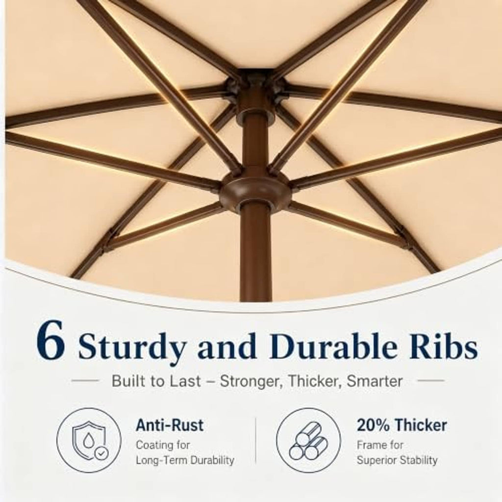 Patio umbrella underside showing khaki canopy with dark rib frame and central pole