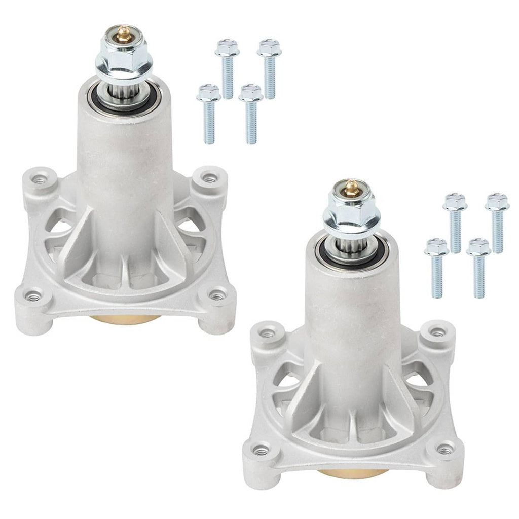 Two riding mower spindle assemblies with bolts and nuts, silver metal parts