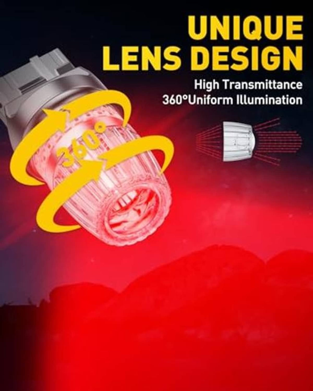 LED brake light bulb with ribbed clear lens, showing bright red light output
