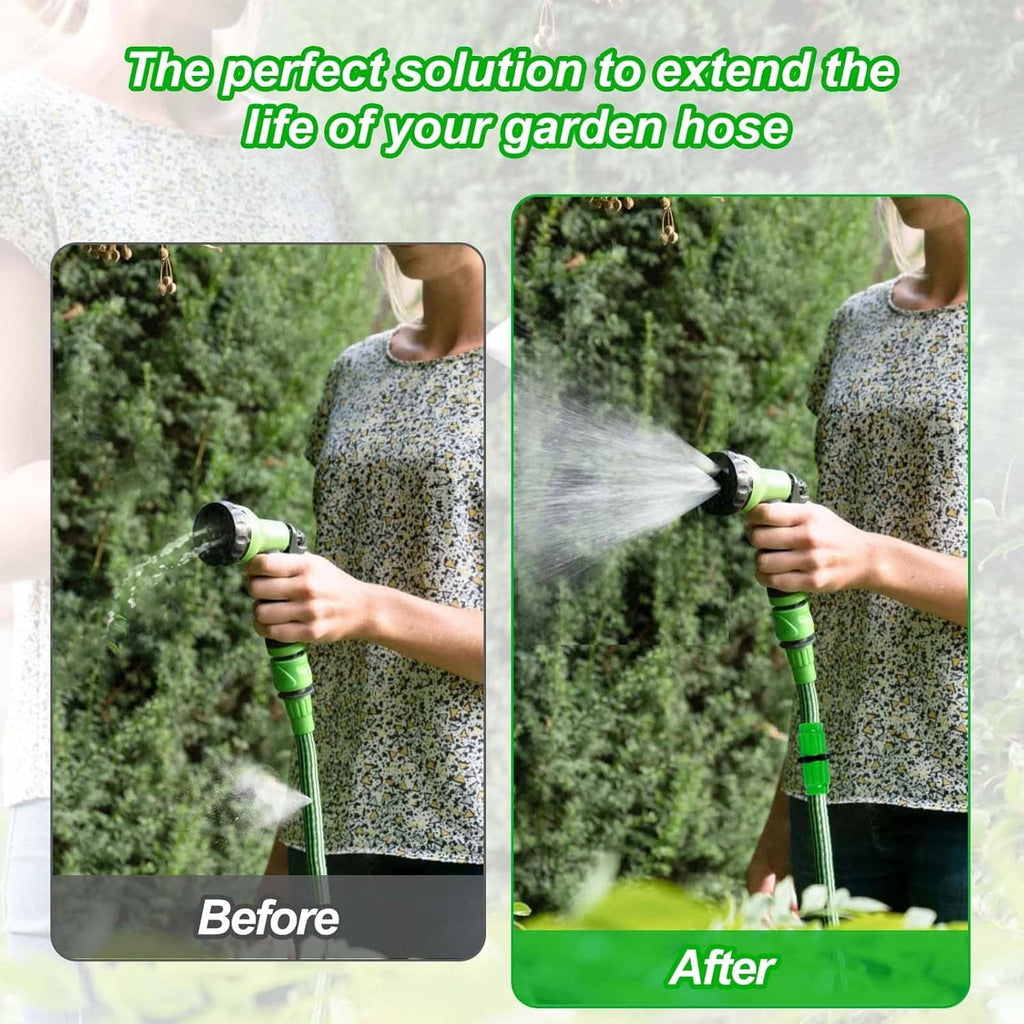 Green expandable hose repair connector attached to a garden hose being used for watering