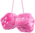 Pink plush rearview mirror dice, two fuzzy cubes with white pips and pink hanging strings
