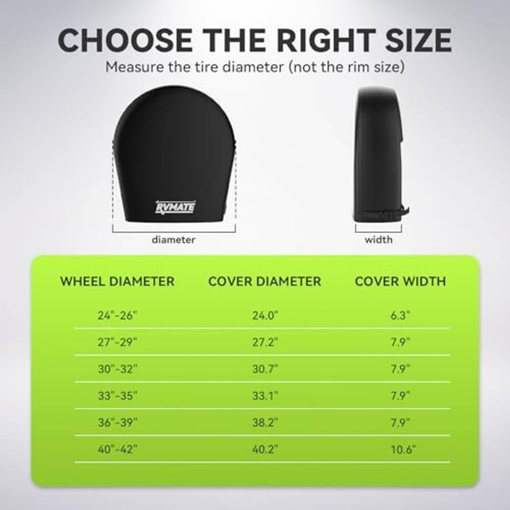 Black tire cover with size measurement diagram showing diameter and cover width