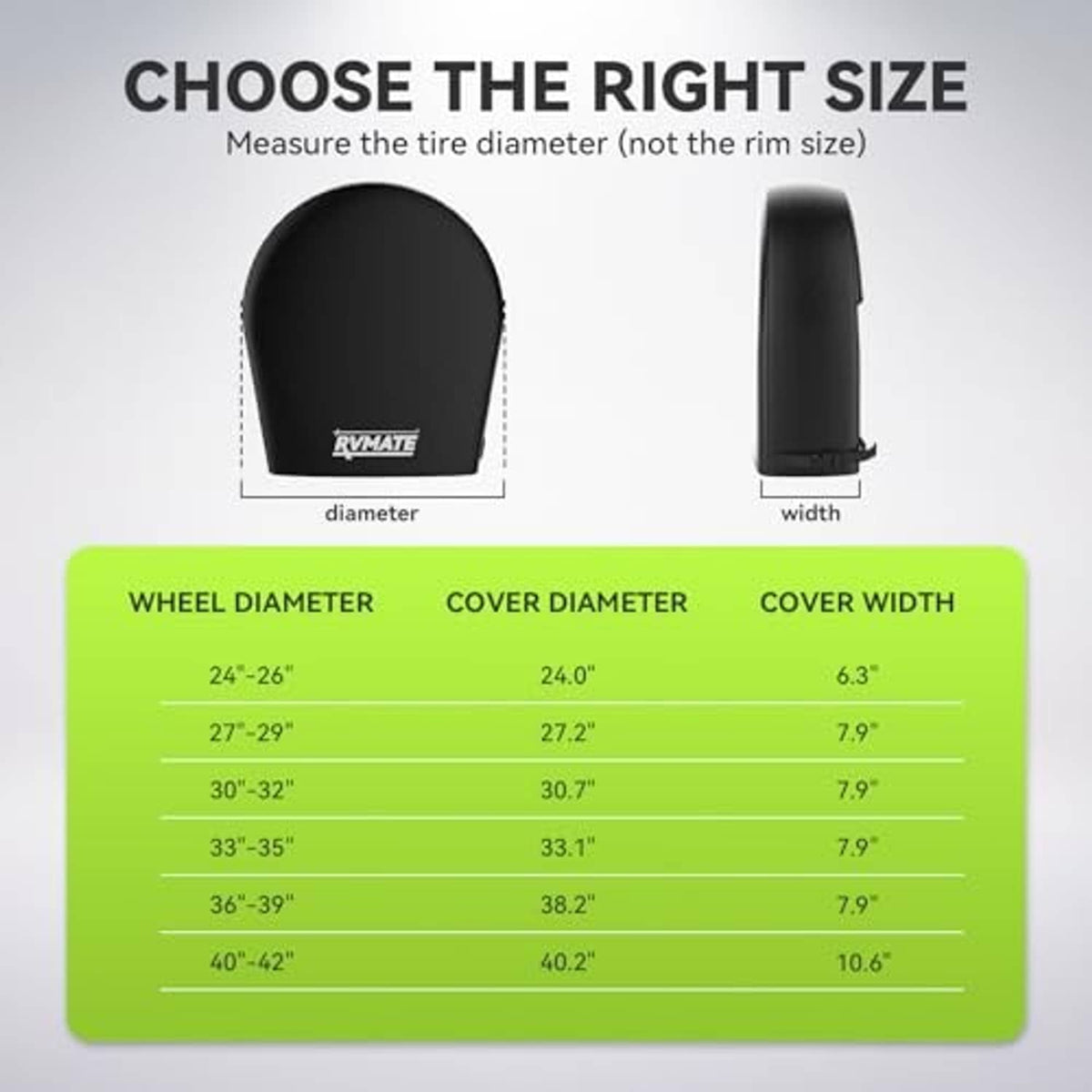 Black tire cover with size measurement diagram showing diameter and cover width