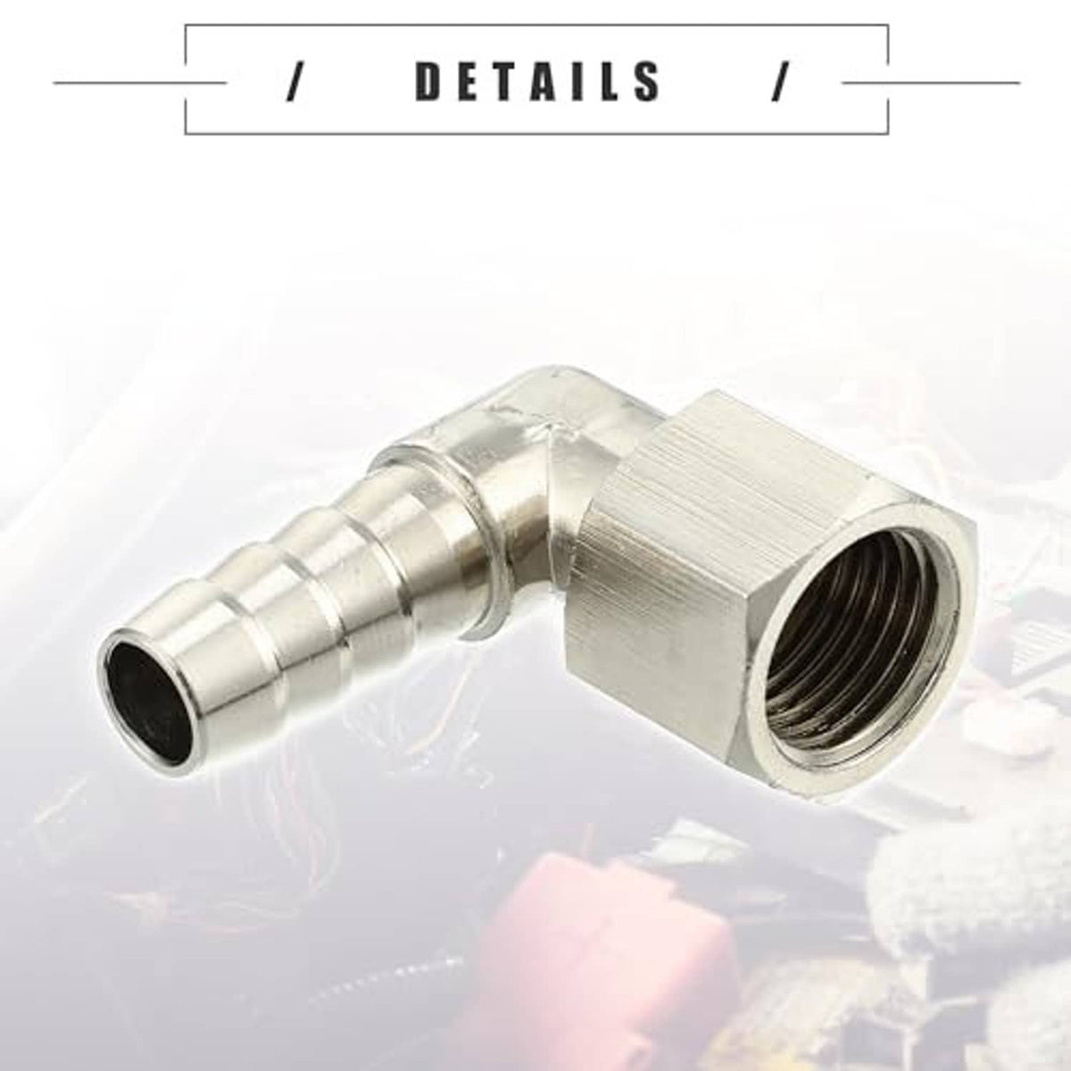 90-degree metal hose adapter fitting angled view with threaded inlet and ribbed barbed end