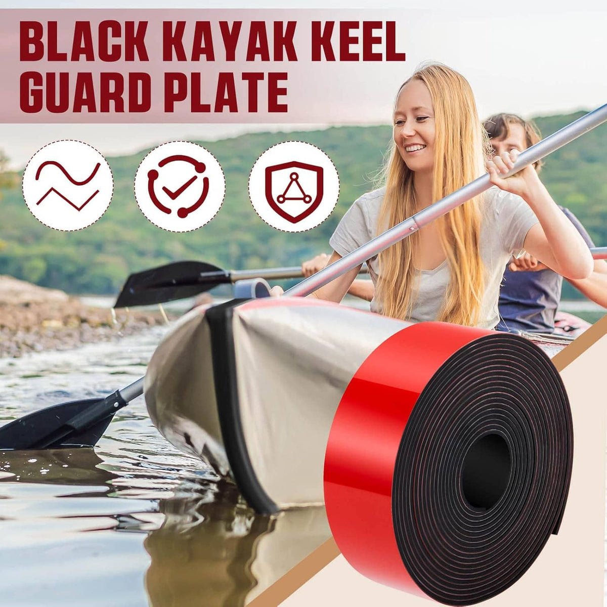 Red and black kayak keel guard plate tape roll for boat hull protection