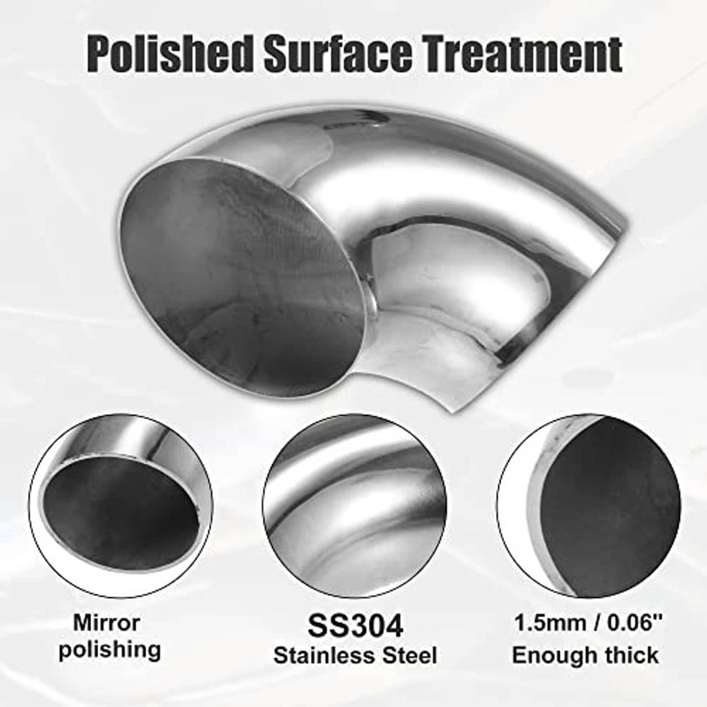 Polished stainless steel 90-degree exhaust elbow pipe with mirror-finish round outlet