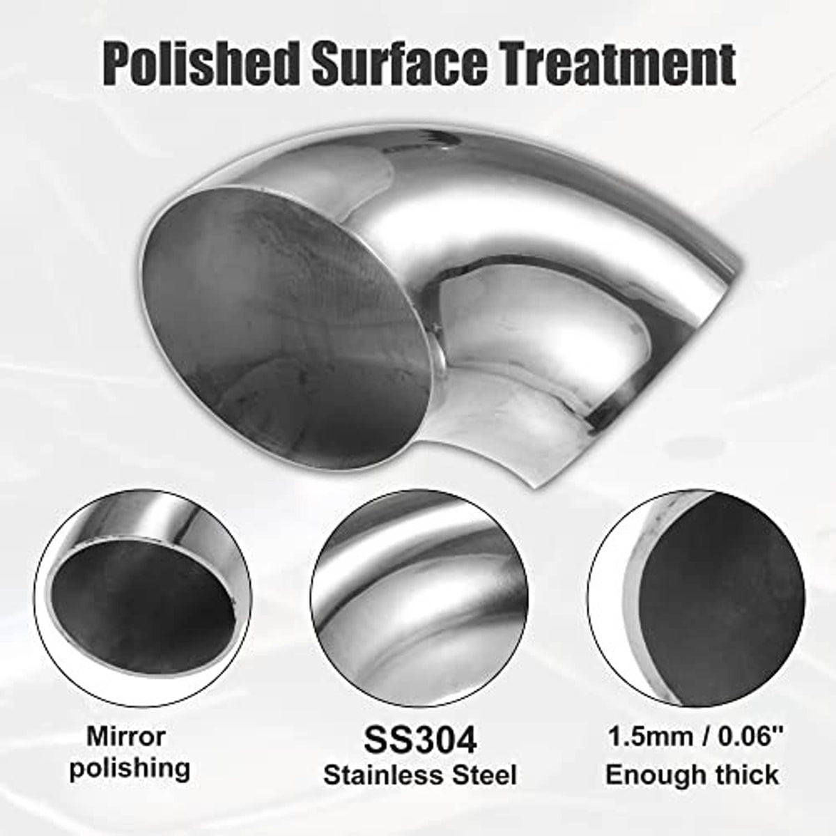 Polished stainless steel 90-degree exhaust elbow pipe with mirror-finish round outlet