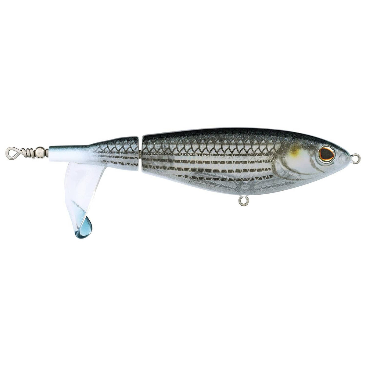 Berkley Choppo 120mm topwater mullet lure, white/gray body with blue tail and eye