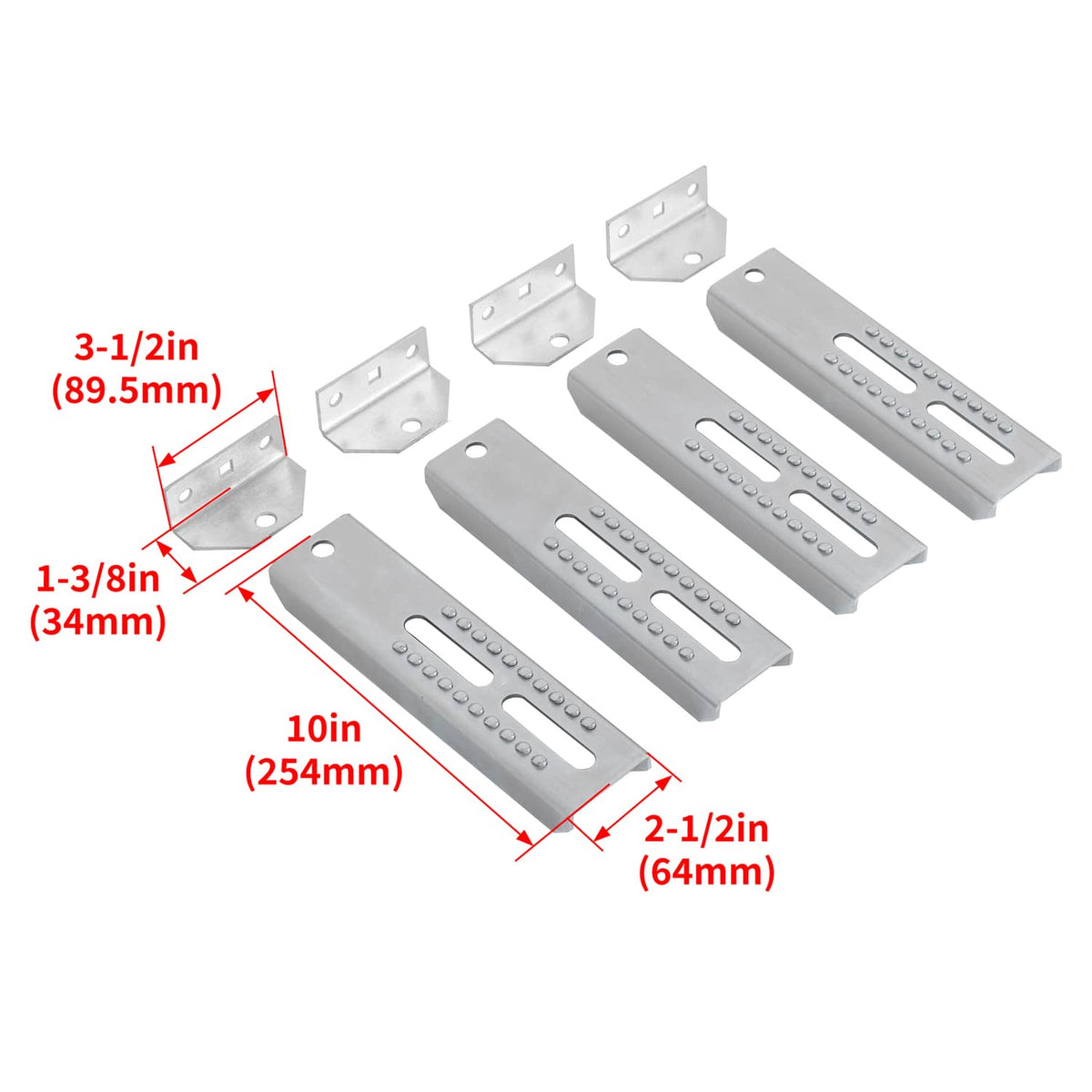Adjustable bunk board bracket kit with dimensioned silver steel brackets and mounting hardware