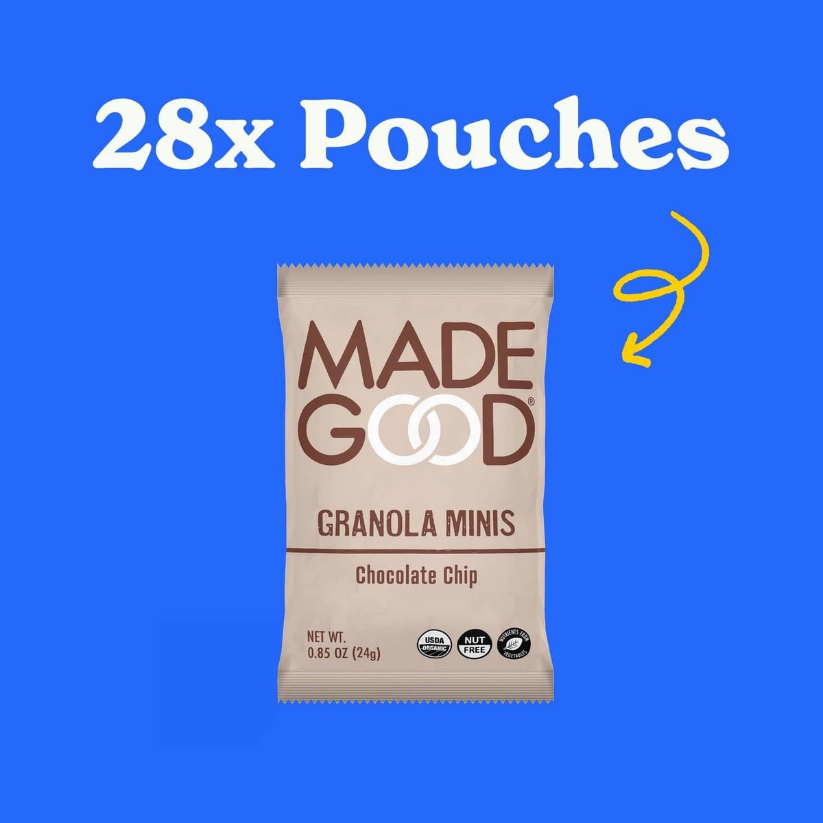 Chocolate chip granola minis pouch labeled for 28-count