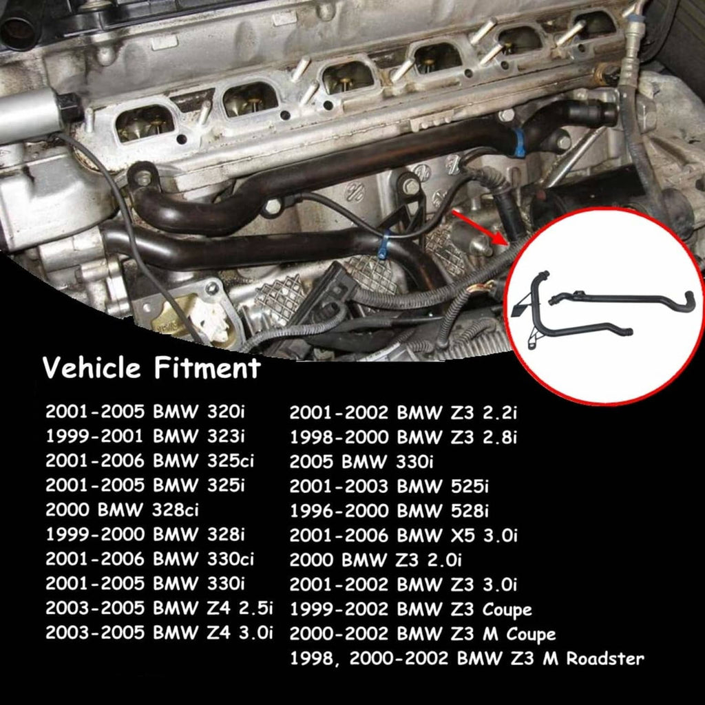 Engine heater coolant water pipe with black hose and highlighted connection area