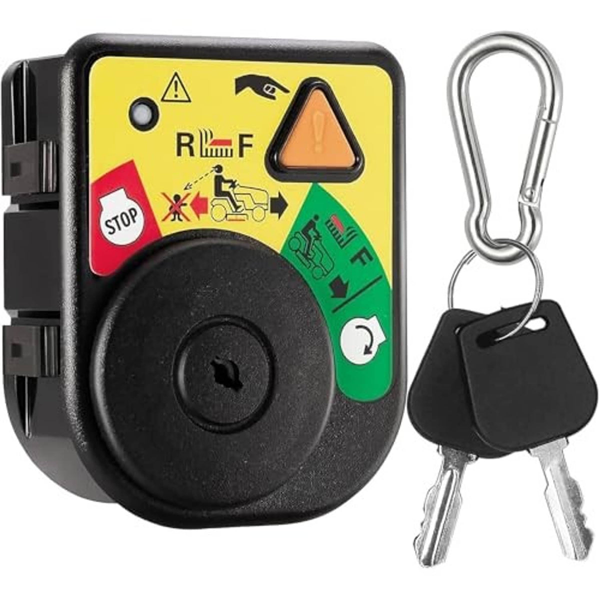 Black ignition switch module with keys on ring, yellow control panel and safety icons