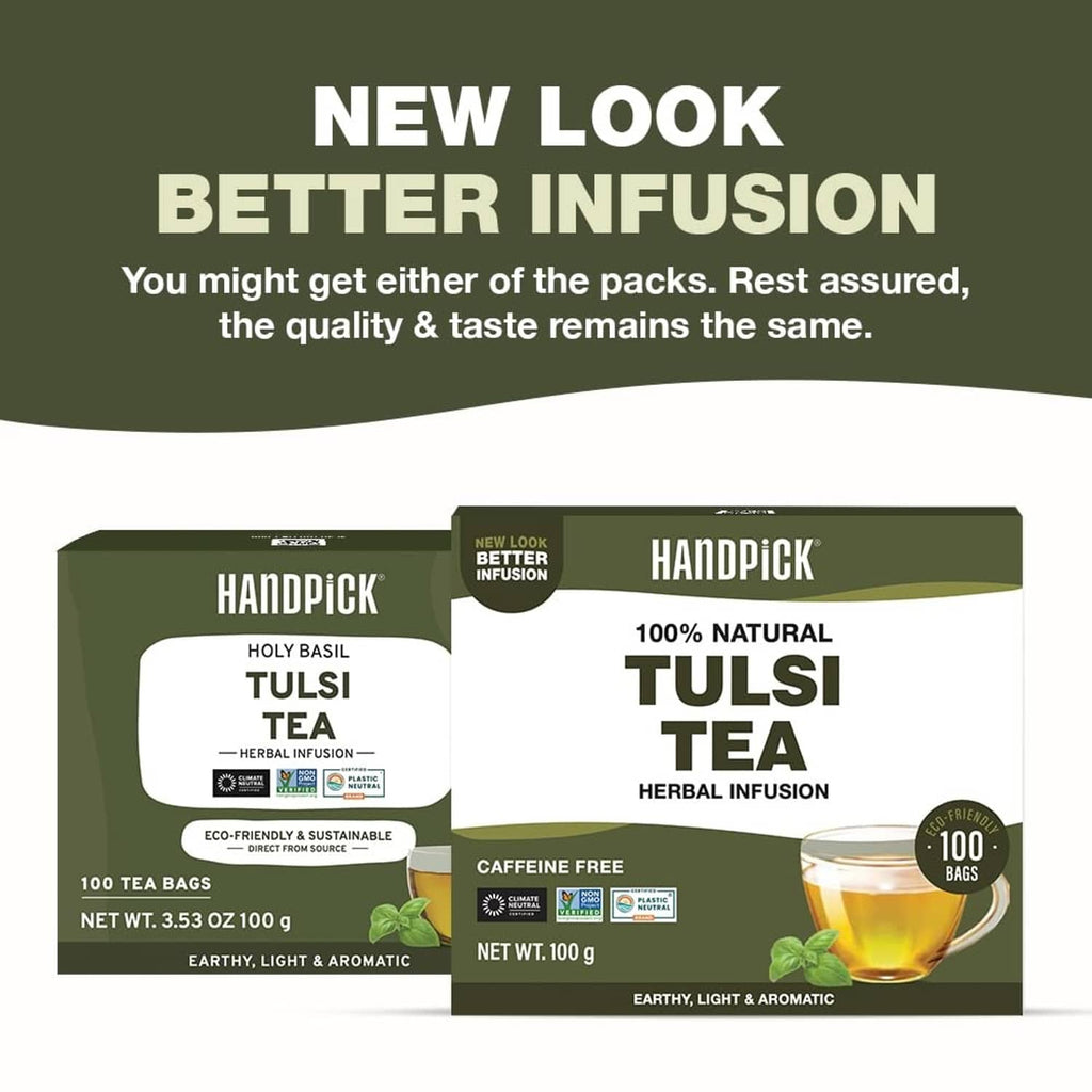 Tulsi tea herbal infusion pack showing front and back, caffeine-free, 100 tea bags