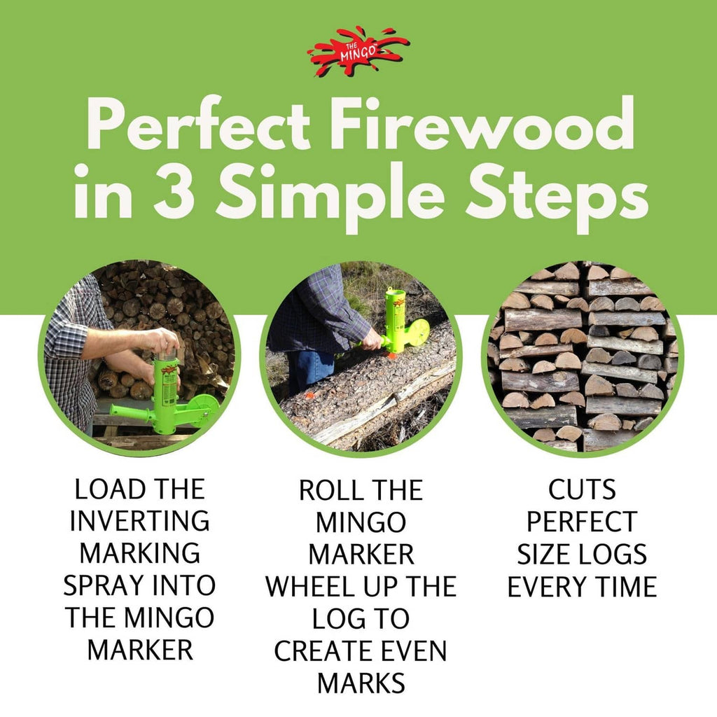 Green firewood marking tool shown in three simple steps for marking log size.
