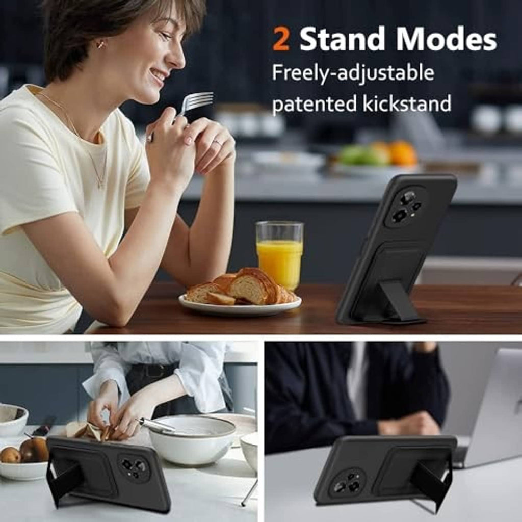 Black phone case with adjustable kickstand holding phone in two viewing positions