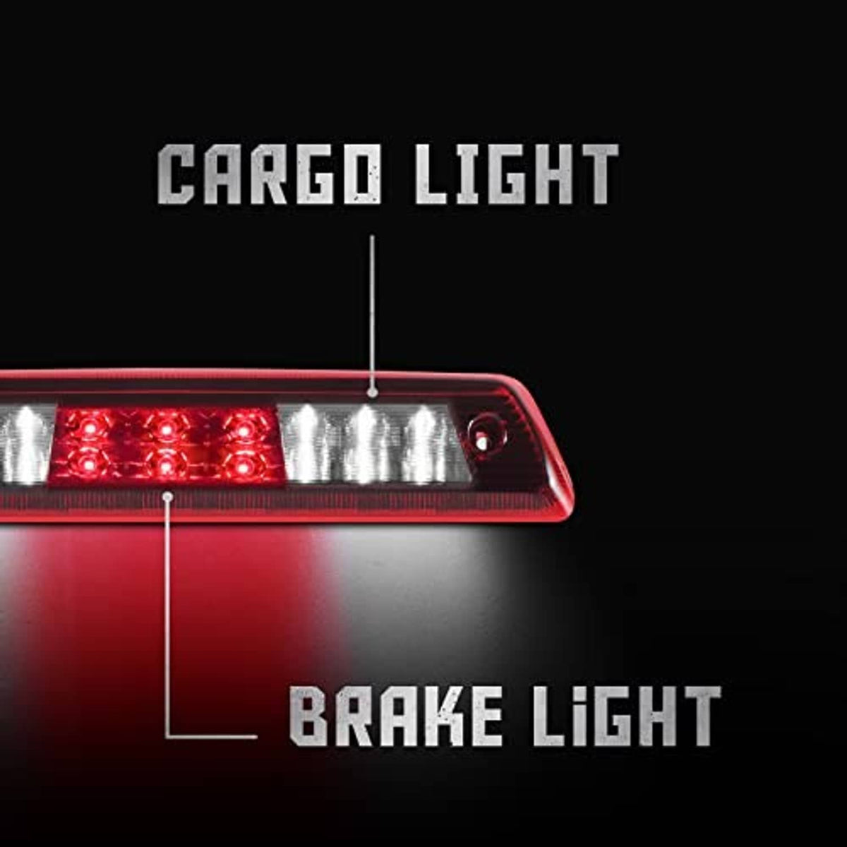 Brake light replacement showing red and clear LED sections on a dark background