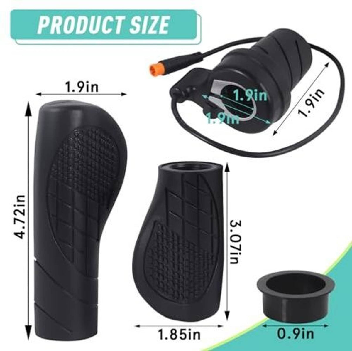 Black e-bike half-twist throttle grips with rounded end and textured rubber pattern