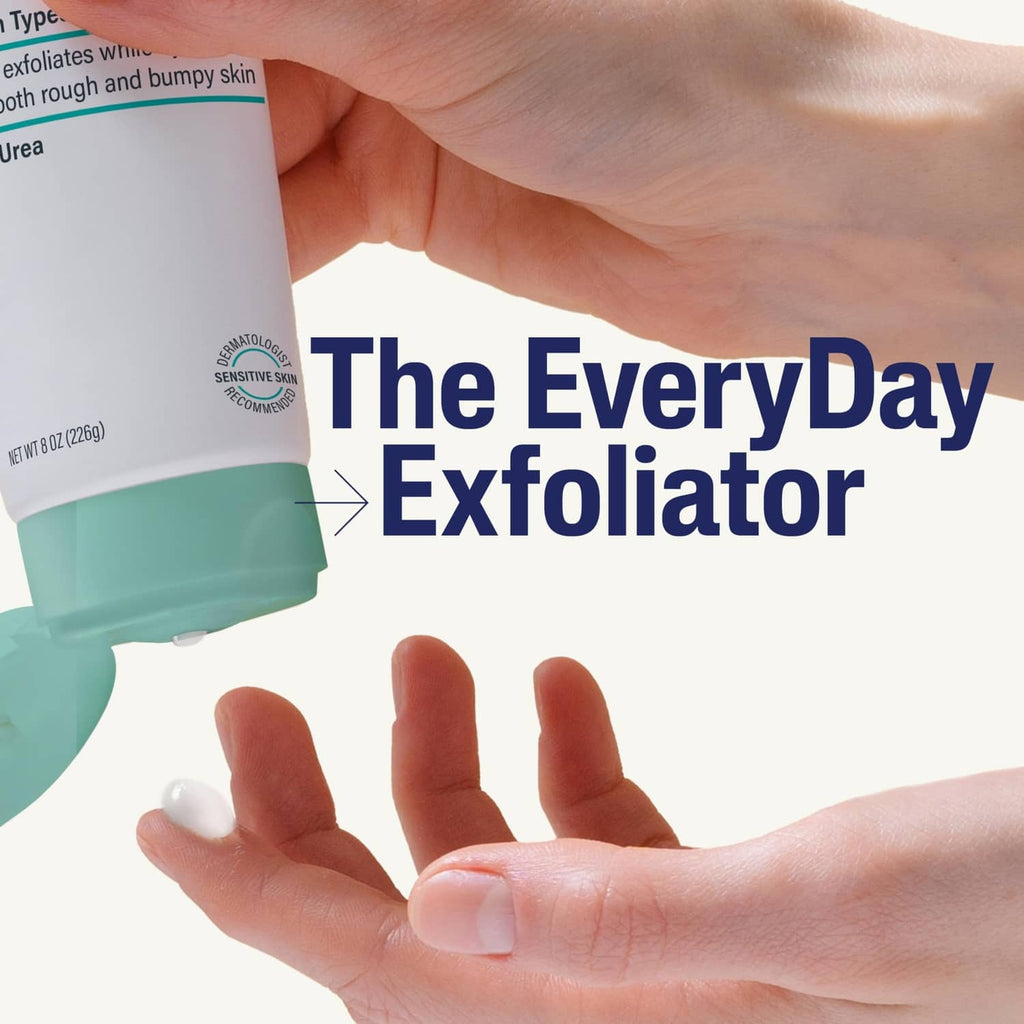 Hands squeezing Cetaphil Exfoliating Rough & Bumpy Cream tube, cream on palm
