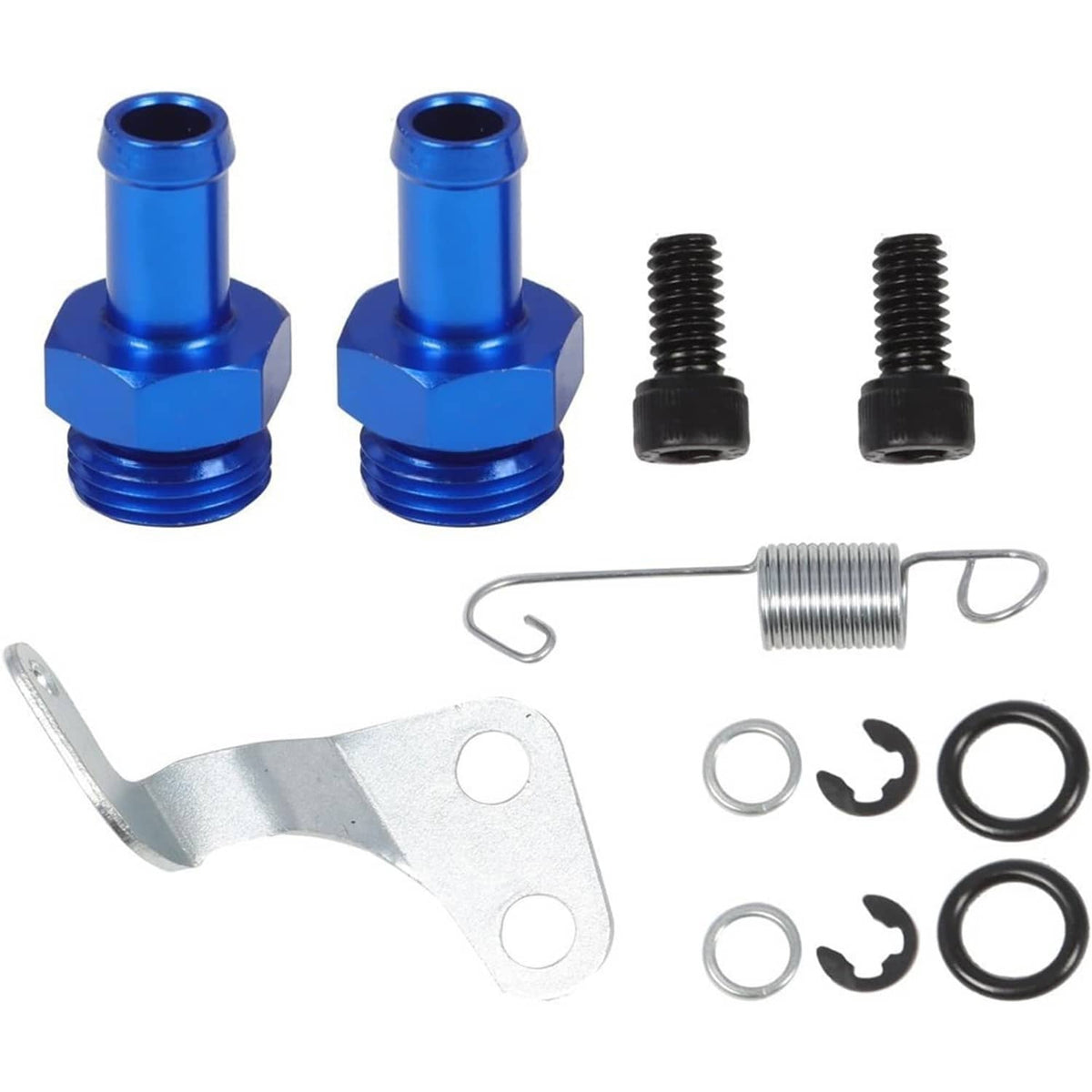 Carburetor kit parts with blue fittings, fasteners, spring and retaining clip