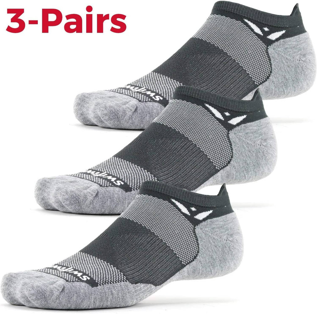 Three pairs no-show tab socks, dark gray and light gray with logo at ankle