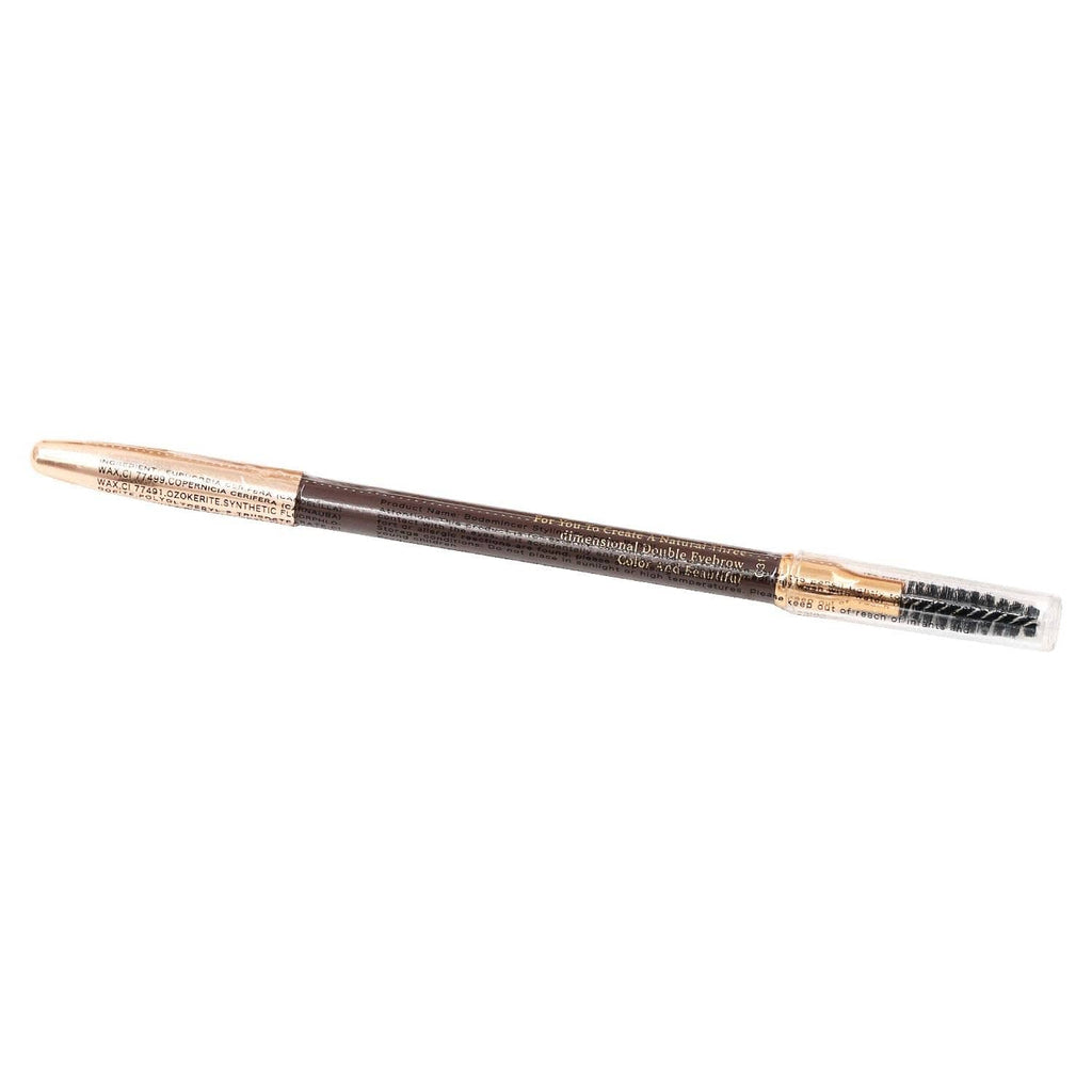 Dark brown eyebrow pencil with fine tip and spoolie brush, angled side view