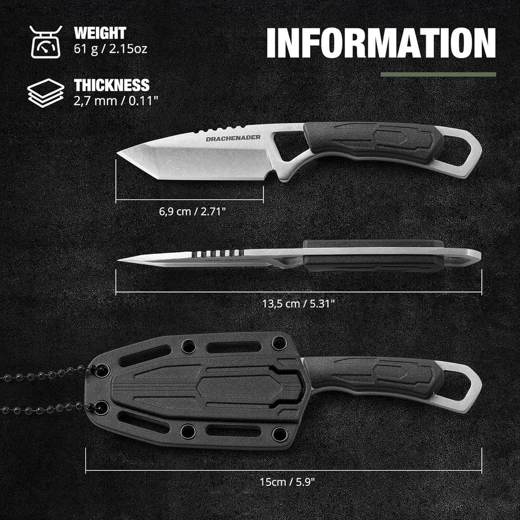 Small tanto neck knife and sheath with dimensions shown