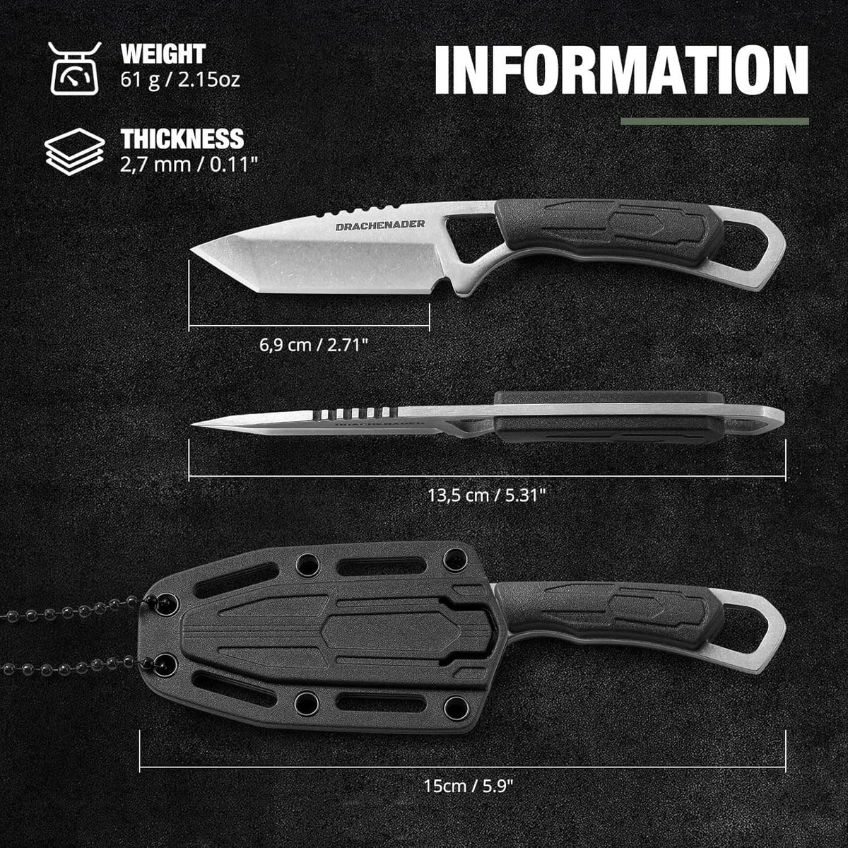 Small tanto neck knife and sheath with dimensions shown