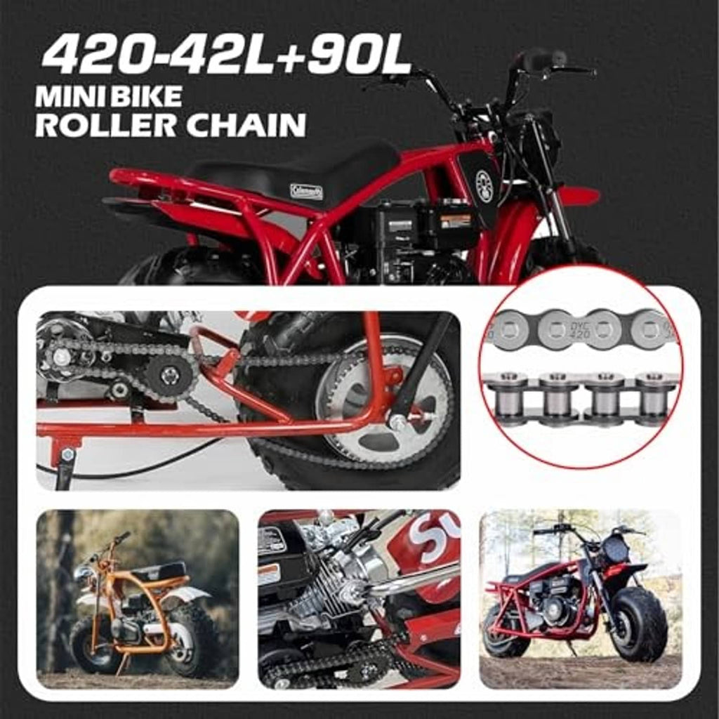 420-42L+90L mini bike roller chain kit shown on a red mini bike setup