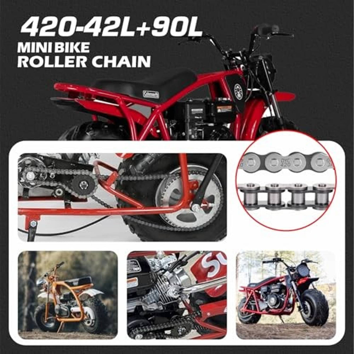 420-42L+90L mini bike roller chain kit shown on a red mini bike setup
