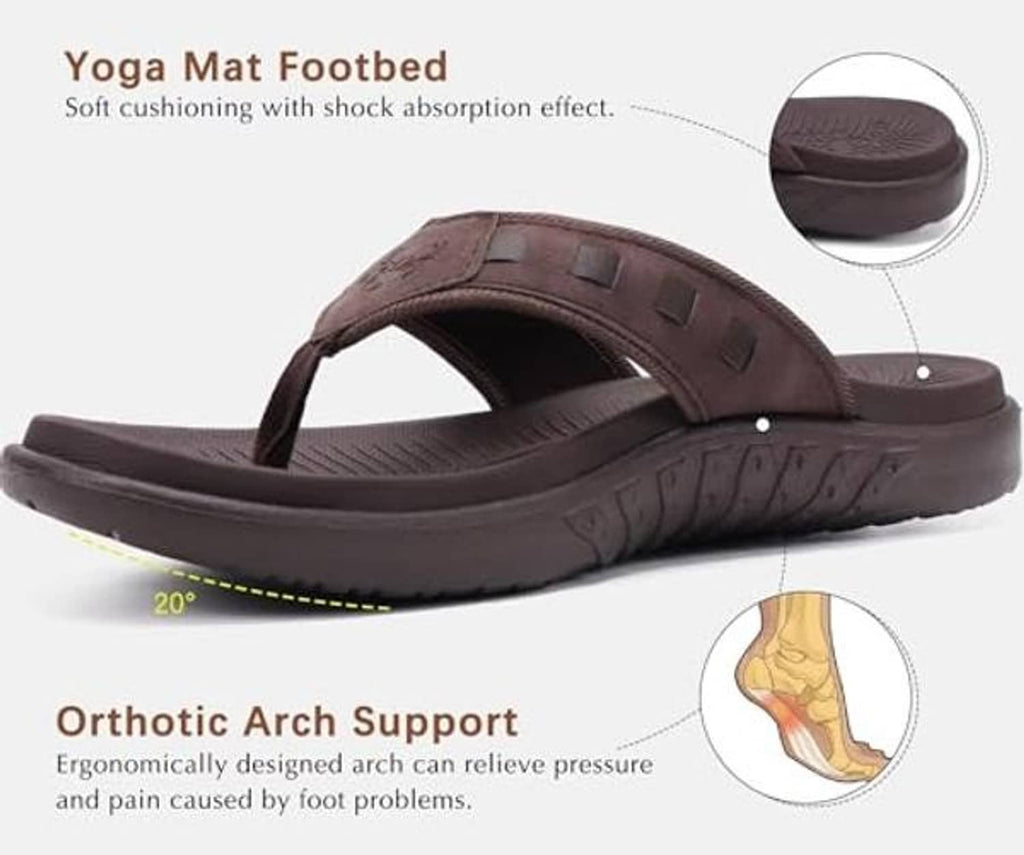 Brown orthotic thong sandals with cushioned sole and contoured arch support
