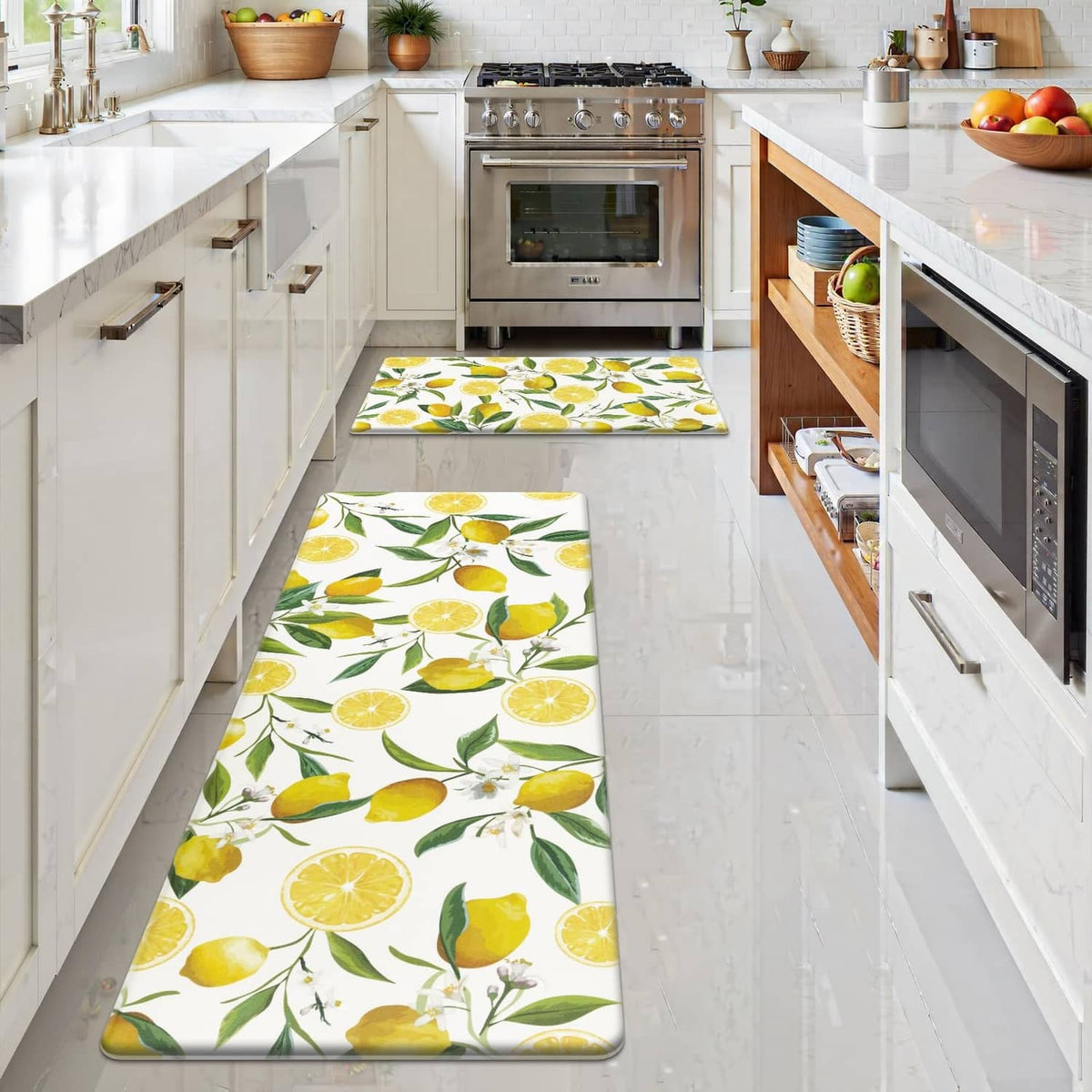 White lemon-print kitchen rug set placed runner-style along the floor in a kitchen