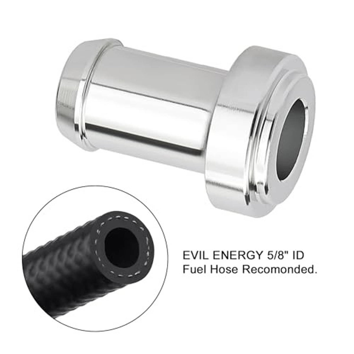 5/8 in hose barb tail nipple fitting attached to black hose end, silver adapter