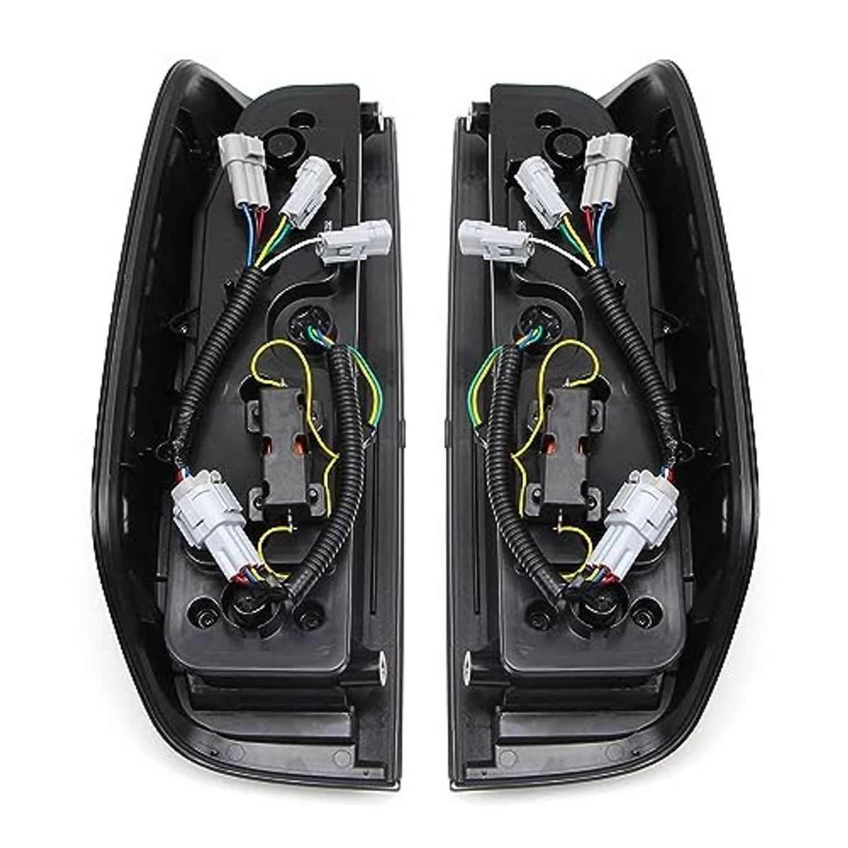 Back view of LED tail light assembly pair with wiring connectors inside black housings