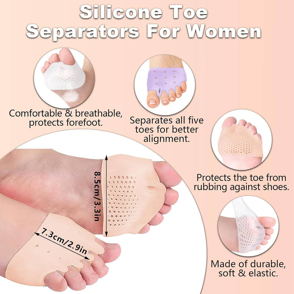 Silicone toe separator cuff held in hand, showing white perforated cushion pad.