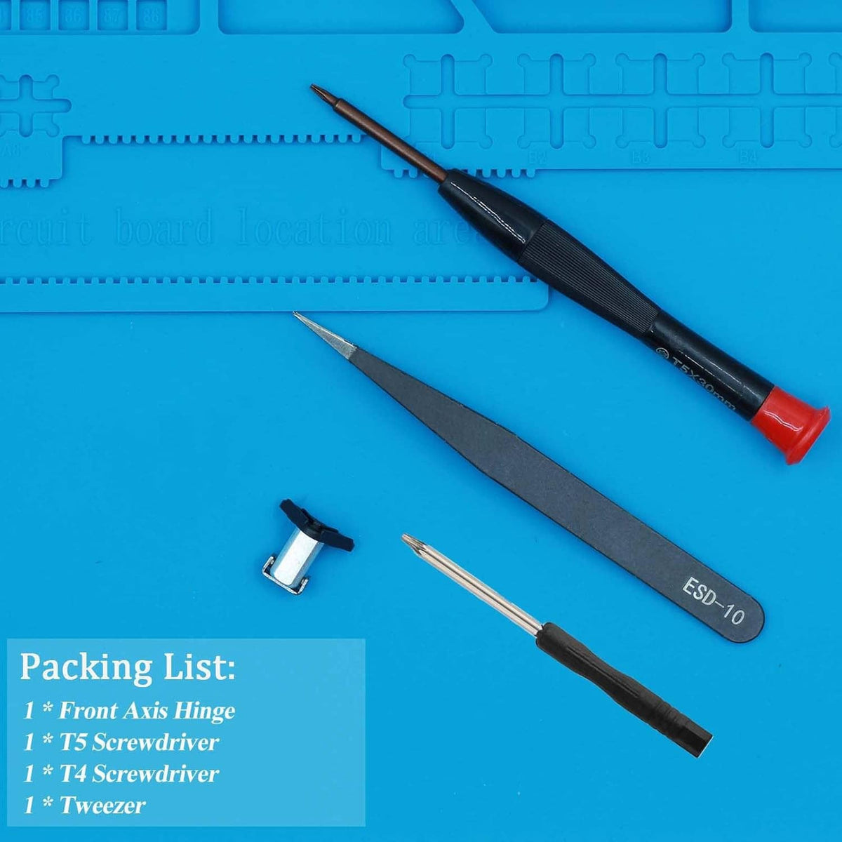 Repair tools kit with screwdrivers, tweezers, and front axis hinge part