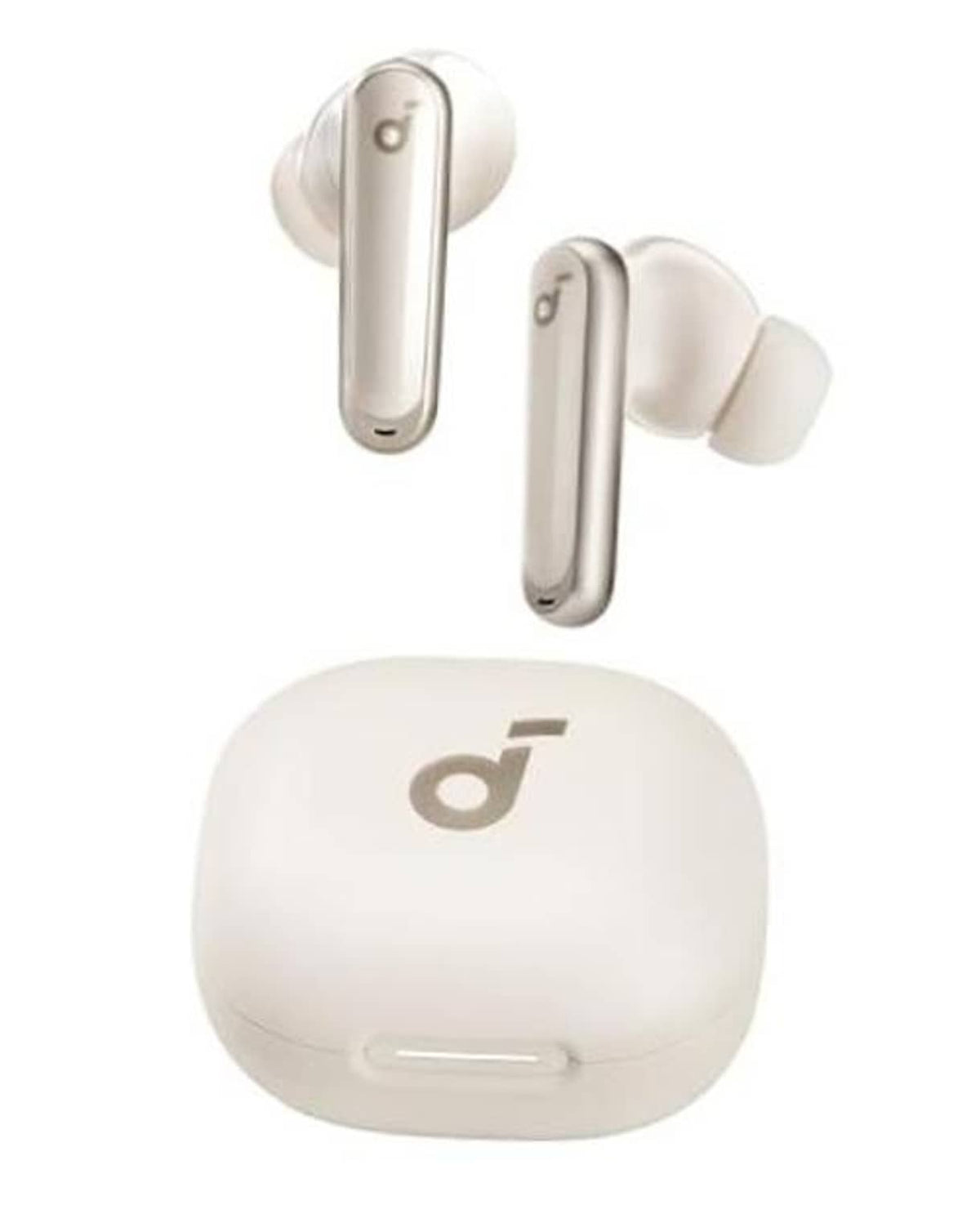 Oat-white wireless earbuds with charging case, stem design, and silicone ear tips.