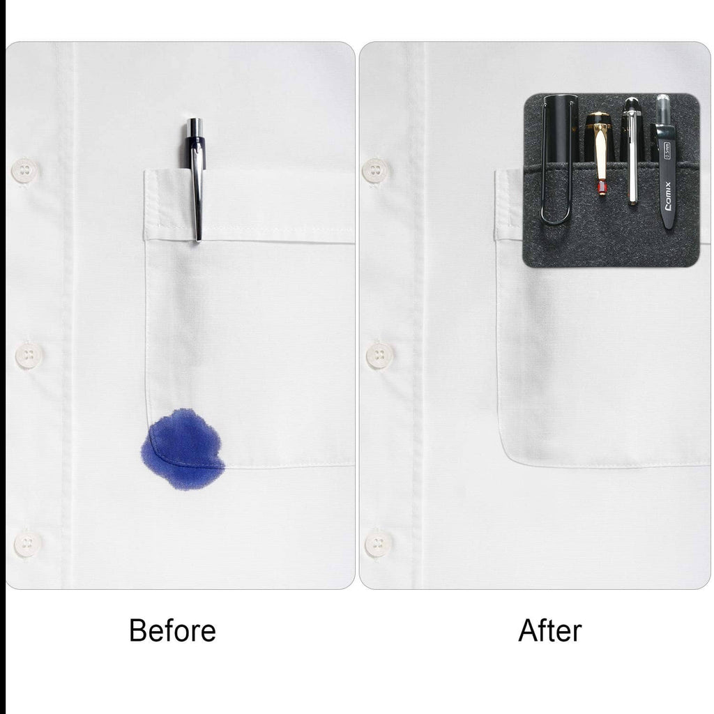 Black leather pen pouch attached to a shirt front pocket with pen slots