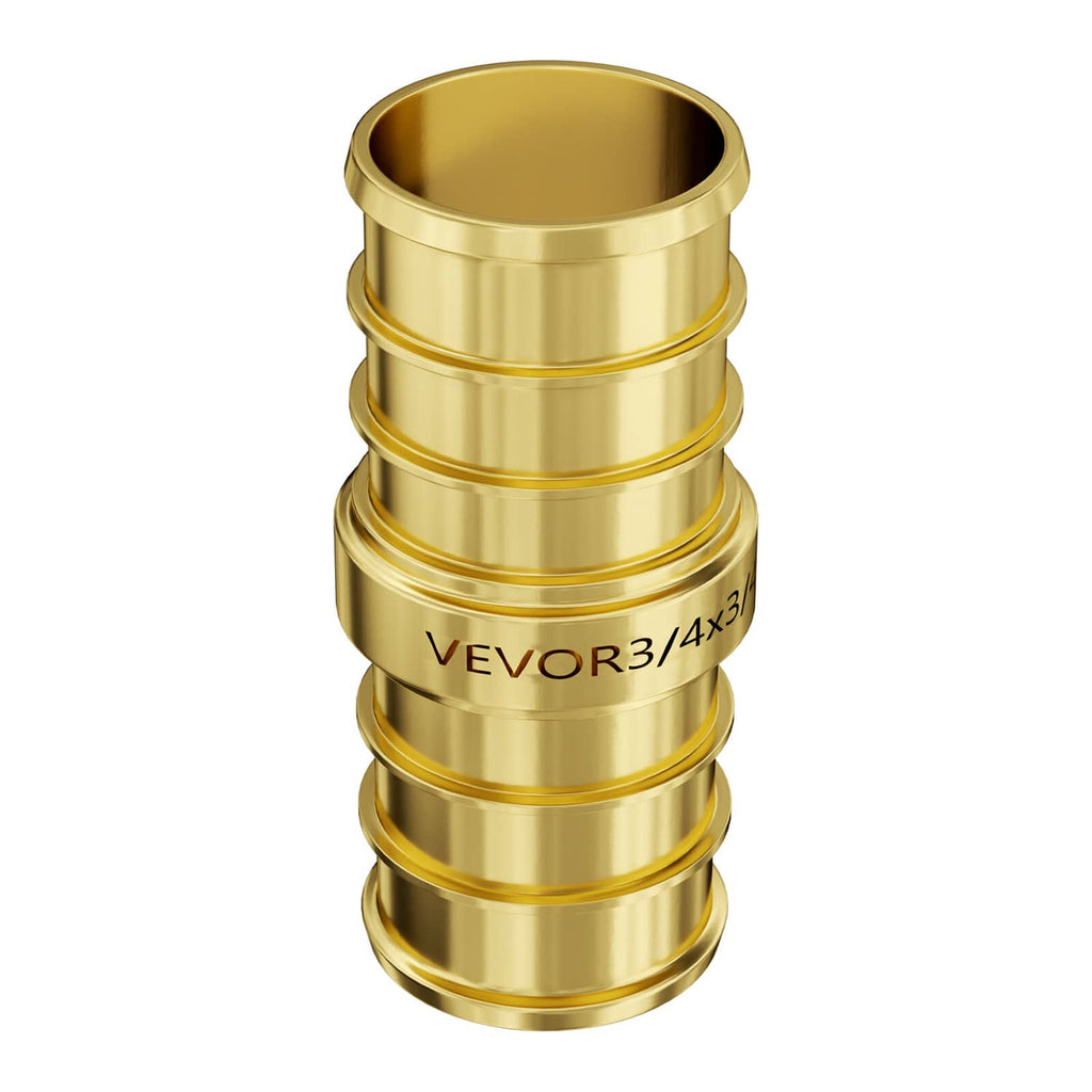 Brass straight-through pipe clamp fitting with ridged coupling, open ends and size mark
