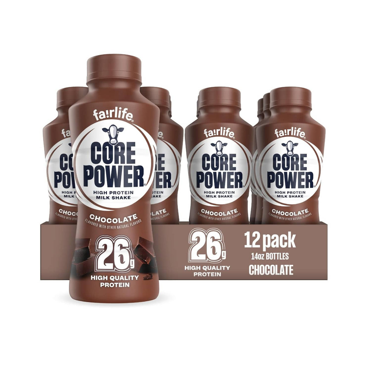 Chocolate protein shake bottle multipack with 12 bottles and Core Power labels