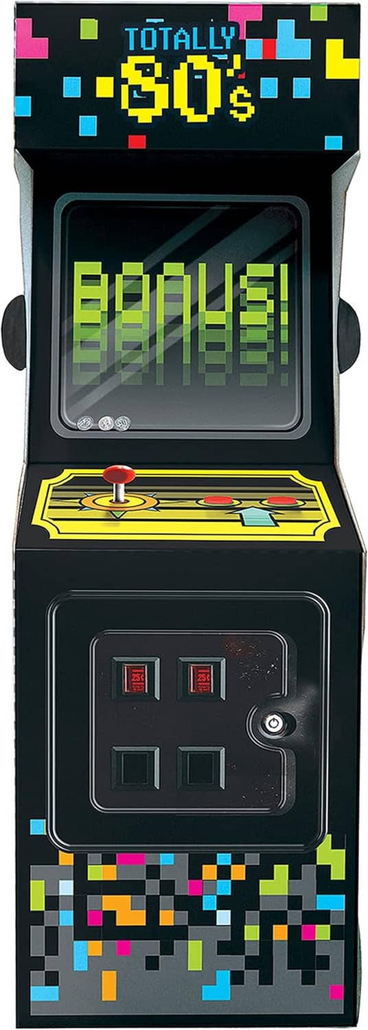 Close-up of 3D arcade video game centerpiece front, “BONUS” screen and joystick control panel