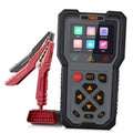 Handheld car diagnostic scanner and battery tester with screen, buttons, and clamp leads