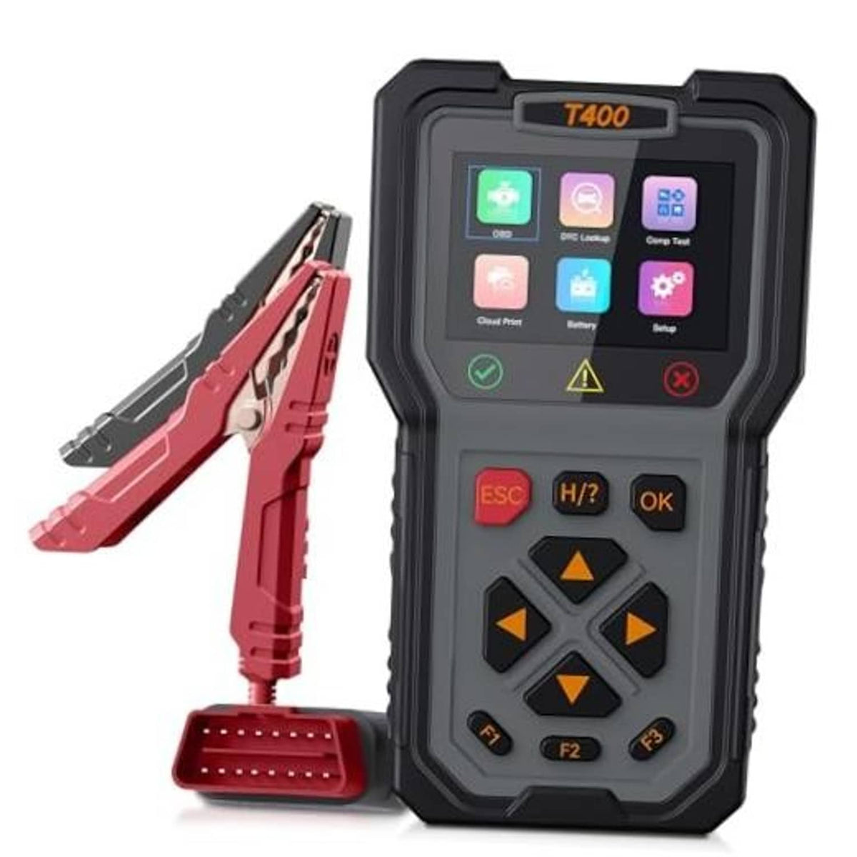 Handheld car diagnostic scanner and battery tester with screen, buttons, and clamp leads
